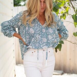 Marea Long Sleeve Blouse Womens Small Green Blue Floral Boho Cotton V Neck